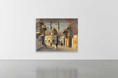 Original Middle Eastern golden dome mosque street oil painting leaning against a white gallery wall — frameless canvas display