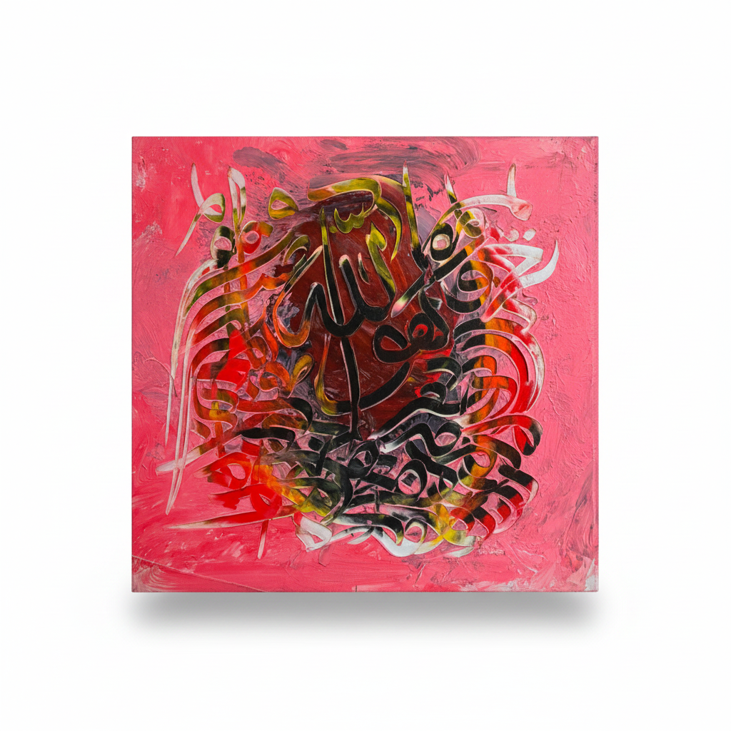 Allah black calligraphy hot pink red square canvas art on white background with shadow, no frame, product shot