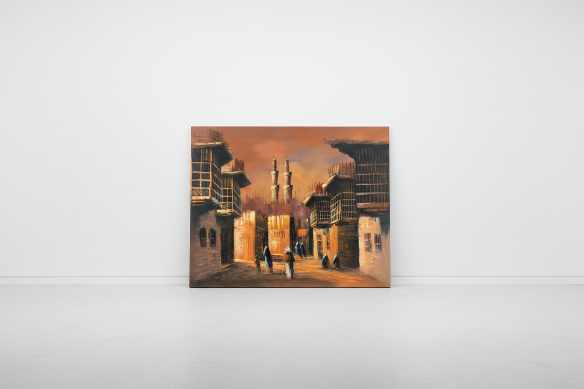Original Middle Eastern street scene oil painting leaning against a white gallery wall — frameless canvas display