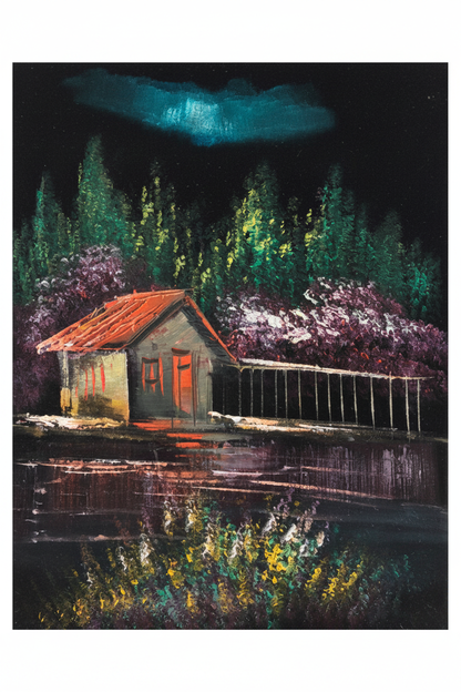 Moonlit forest cabin by the lake fine art canvas on white background product photo