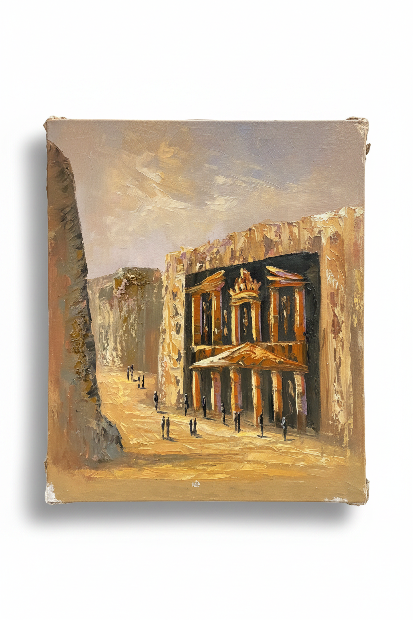 Treasury of Petra oil painting isolated on white background with drop shadow, no frame, raw portrait canvas edges