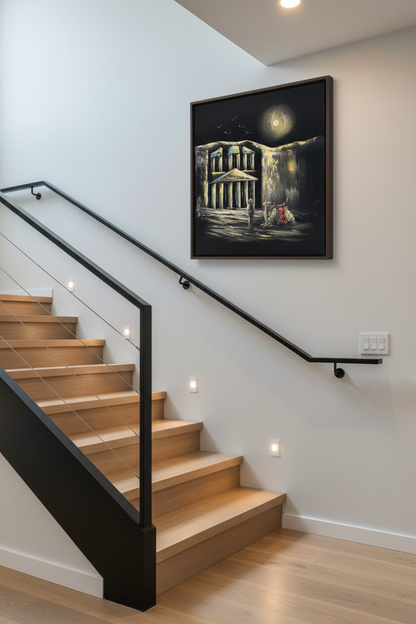 Petra Treasury moonlit night scene canvas art staged on a modern home stairway wall