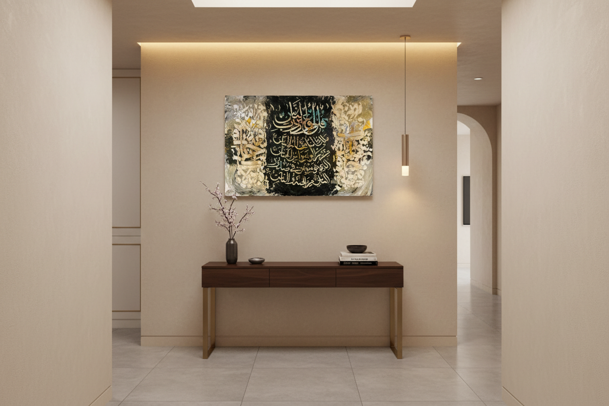 Surah An-Nas gold and white calligraphy canvas displayed in a modern hallway, no frame