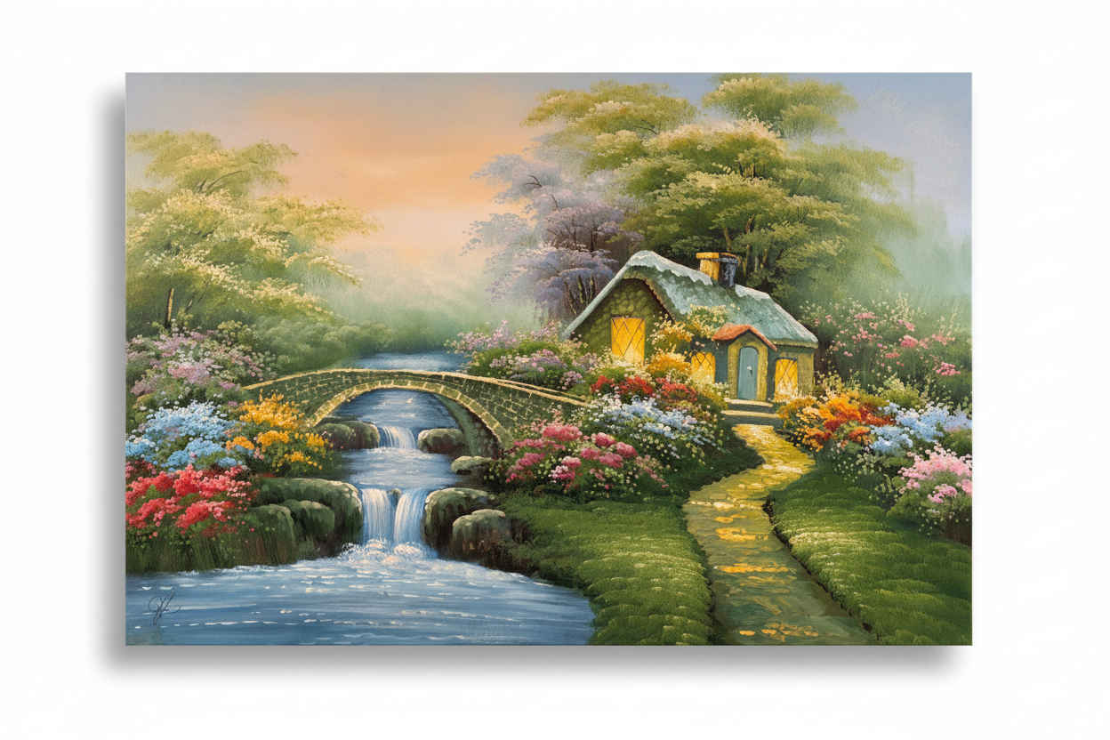 Original enchanted cottage garden oil painting isolated on white background with natural drop shadow, unframed canvas 35.43 by 23.62 inches