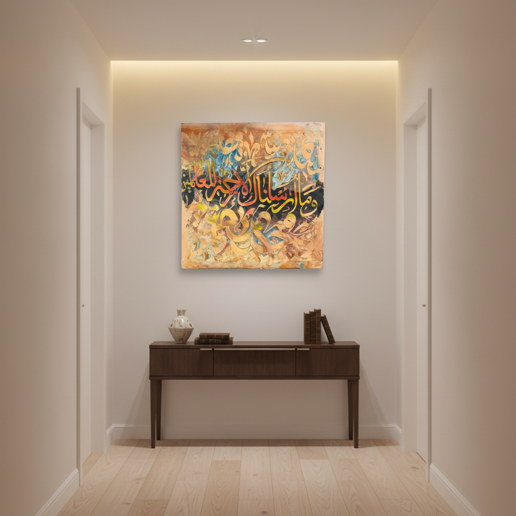 Quranic verse gold teal copper amber square canvas art displayed in a modern hallway, no frame