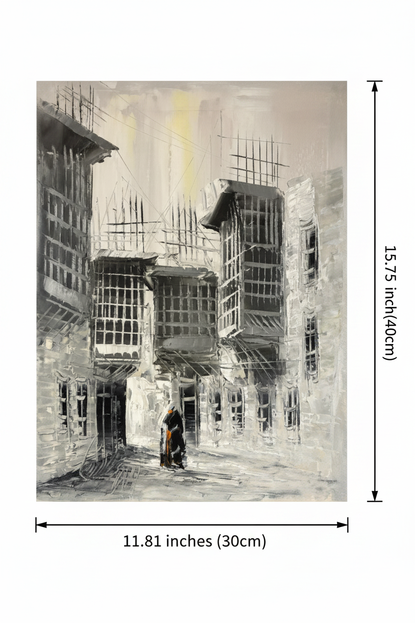 Dimension diagram: B&W old town lane oil painting 11.81 inches wide by 15.75 inches tall on white background