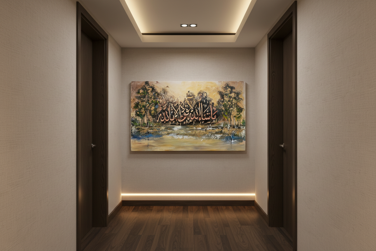 Masha Allah La Quwwata Illa Billah canvas displayed in an elegant hallway