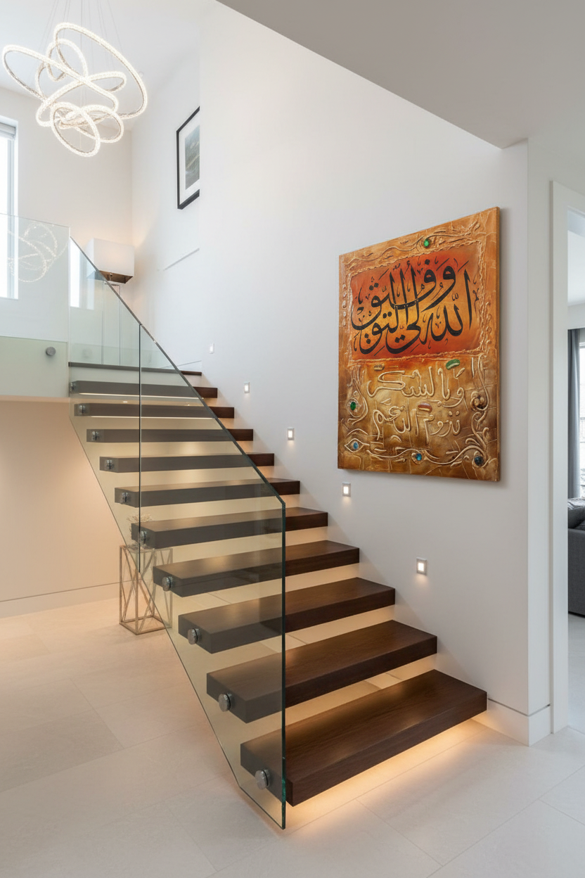 Golden amber Islamic calligraphy panel mounted on staircase wall in elegant home interior