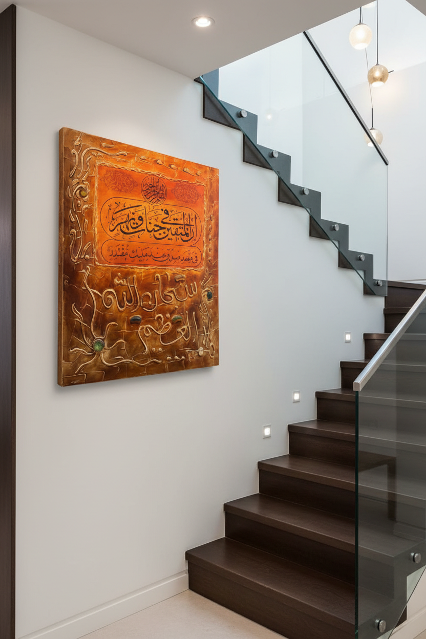 Subhanallah al-Azeem Quranic copper calligraphy panel mounted on staircase wall in elegant home interior