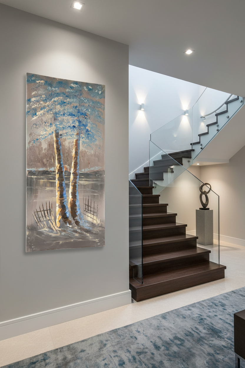 Three Trees in Winter Mist oil painting mounted on staircase wall, no frame