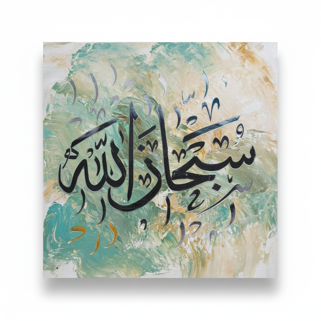 SubhanAllah black calligraphy teal sage square canvas art on white background with shadow, no frame, product shot