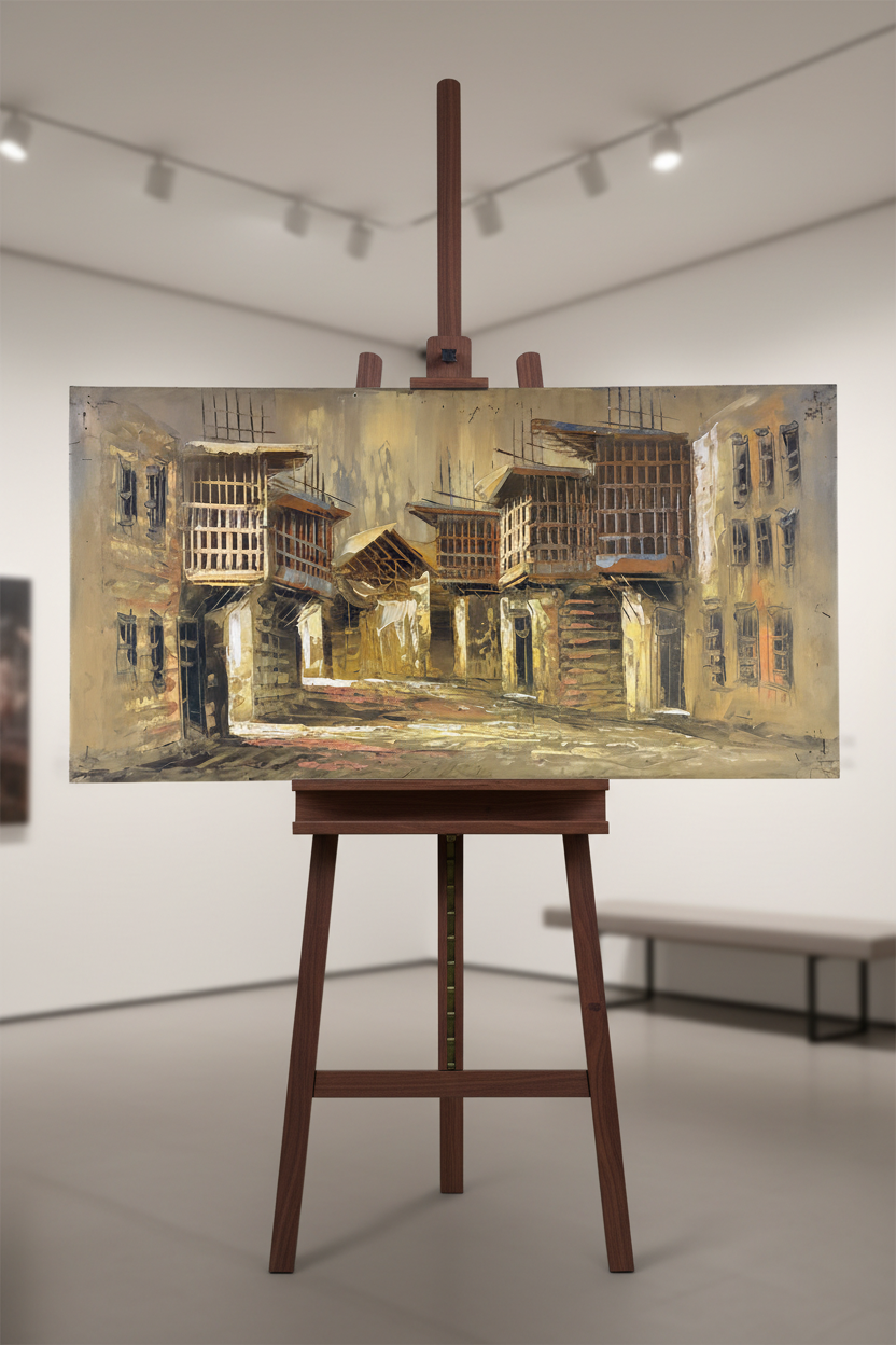 Old Town Courtyard oil painting displayed on art easel stand