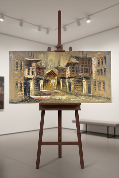 Old Town Courtyard oil painting displayed on art easel stand