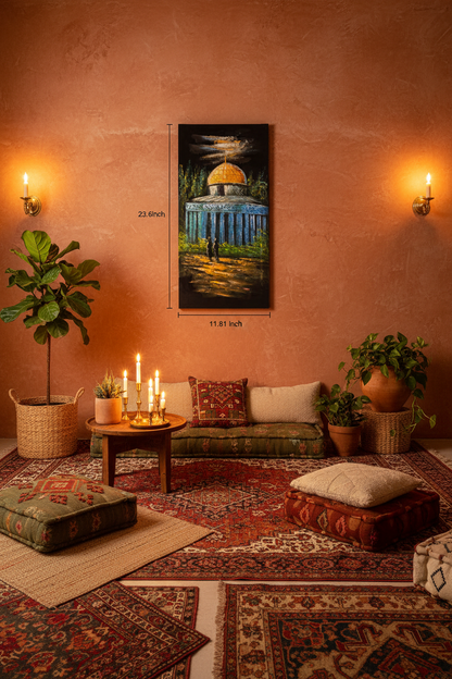 Original Dome of the Rock painting displayed unframed on a terracotta bohemian living room wall