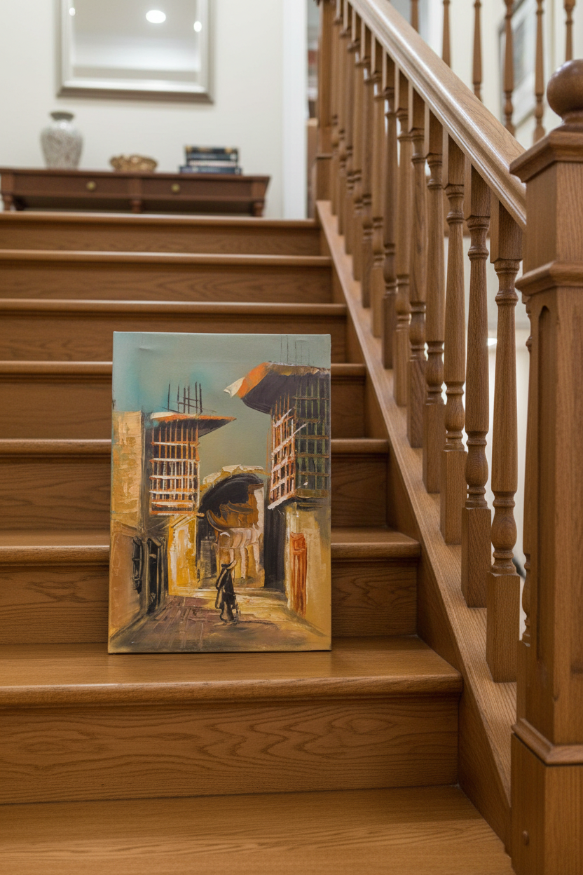 The Wanderer old town street oil painting staged on luxury staircase ledge – no frame