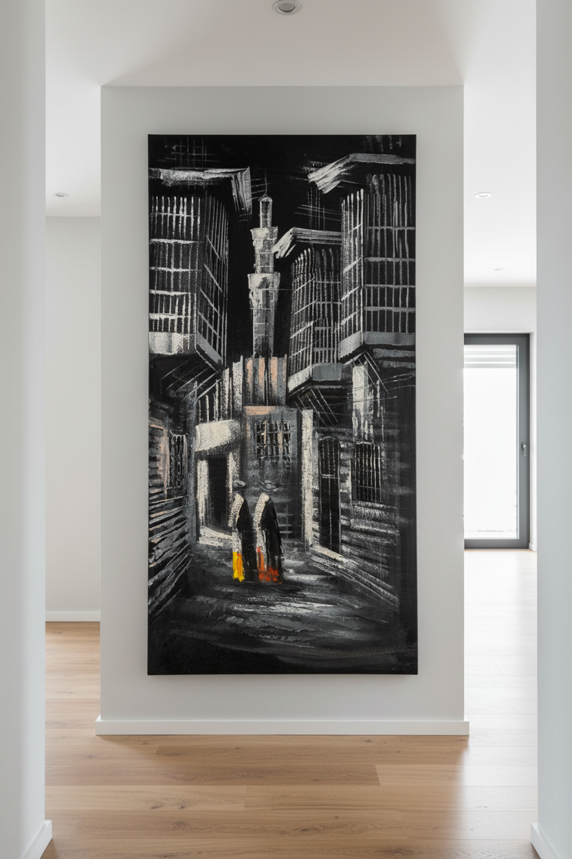 Old City Alleyway painting displayed in modern hallway interior setting