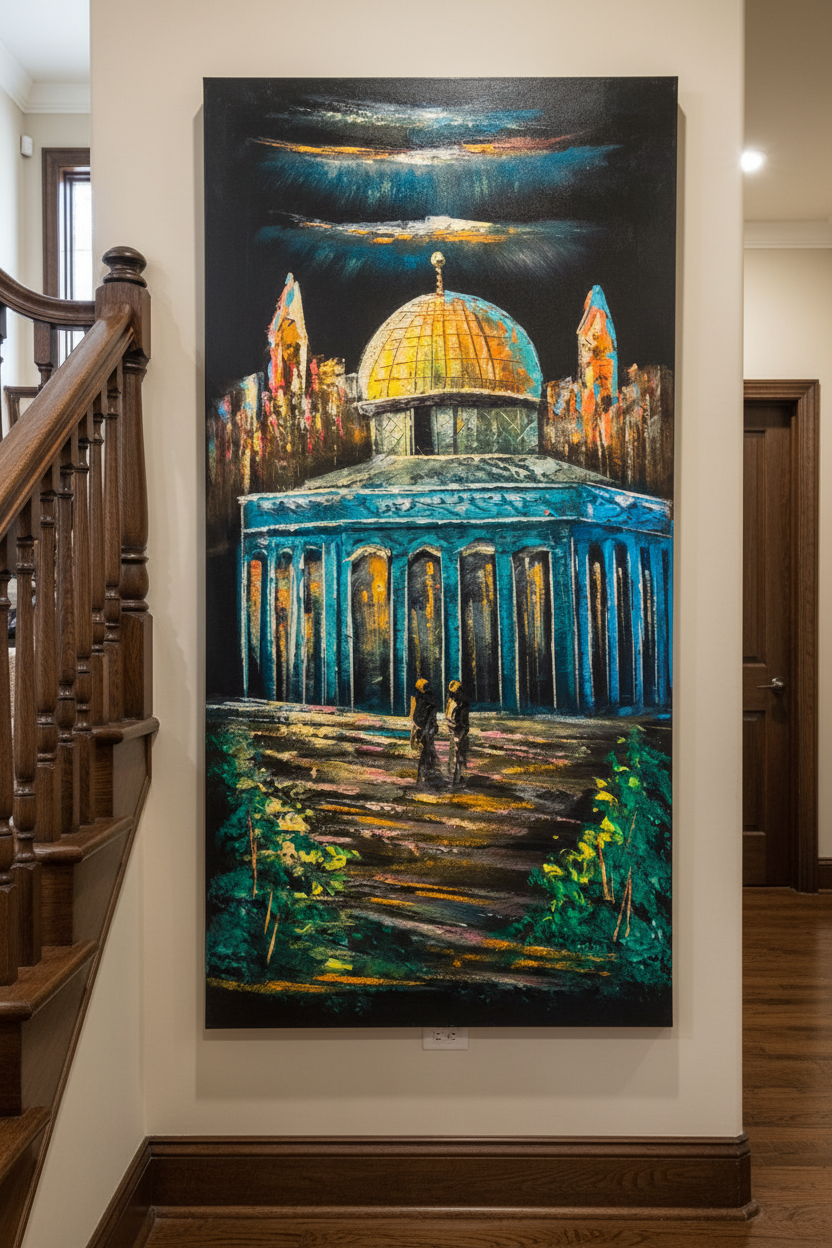 Dome of the Rock painting displayed in elegant staircase interior setting