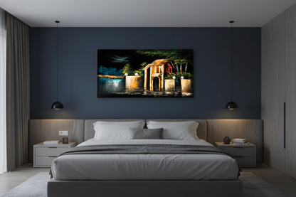 Original waterfront night scene painting displayed unframed on a navy blue luxury bedroom wall