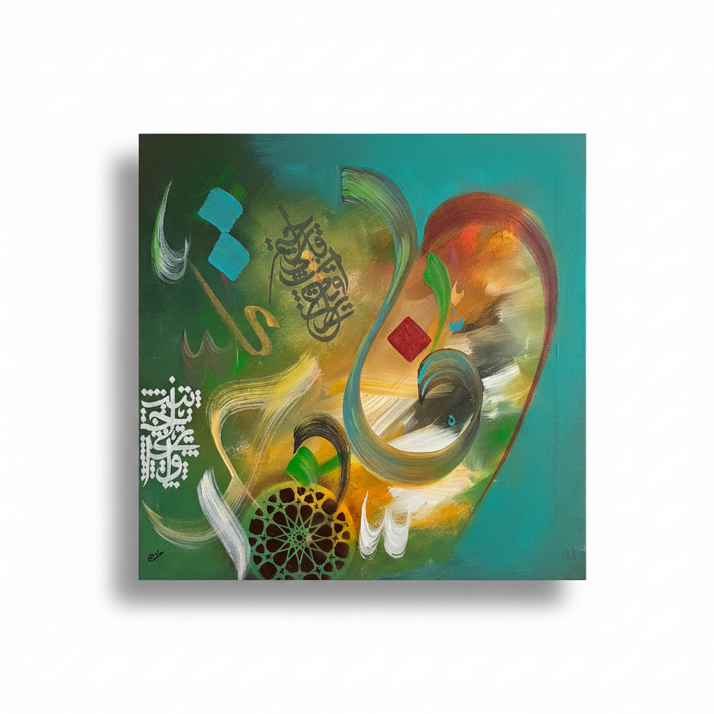 Abstract Islamic calligraphy teal green gold square canvas art on white background with shadow, no frame, product shot