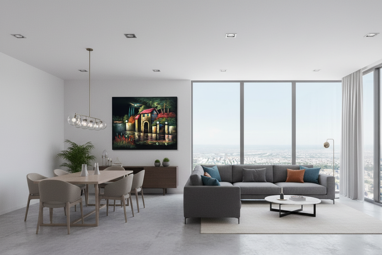 Moonlit Waterside Cottage oil painting displayed in a spacious open-plan dining area — 39.4 x 31.5 inch canvas wall art