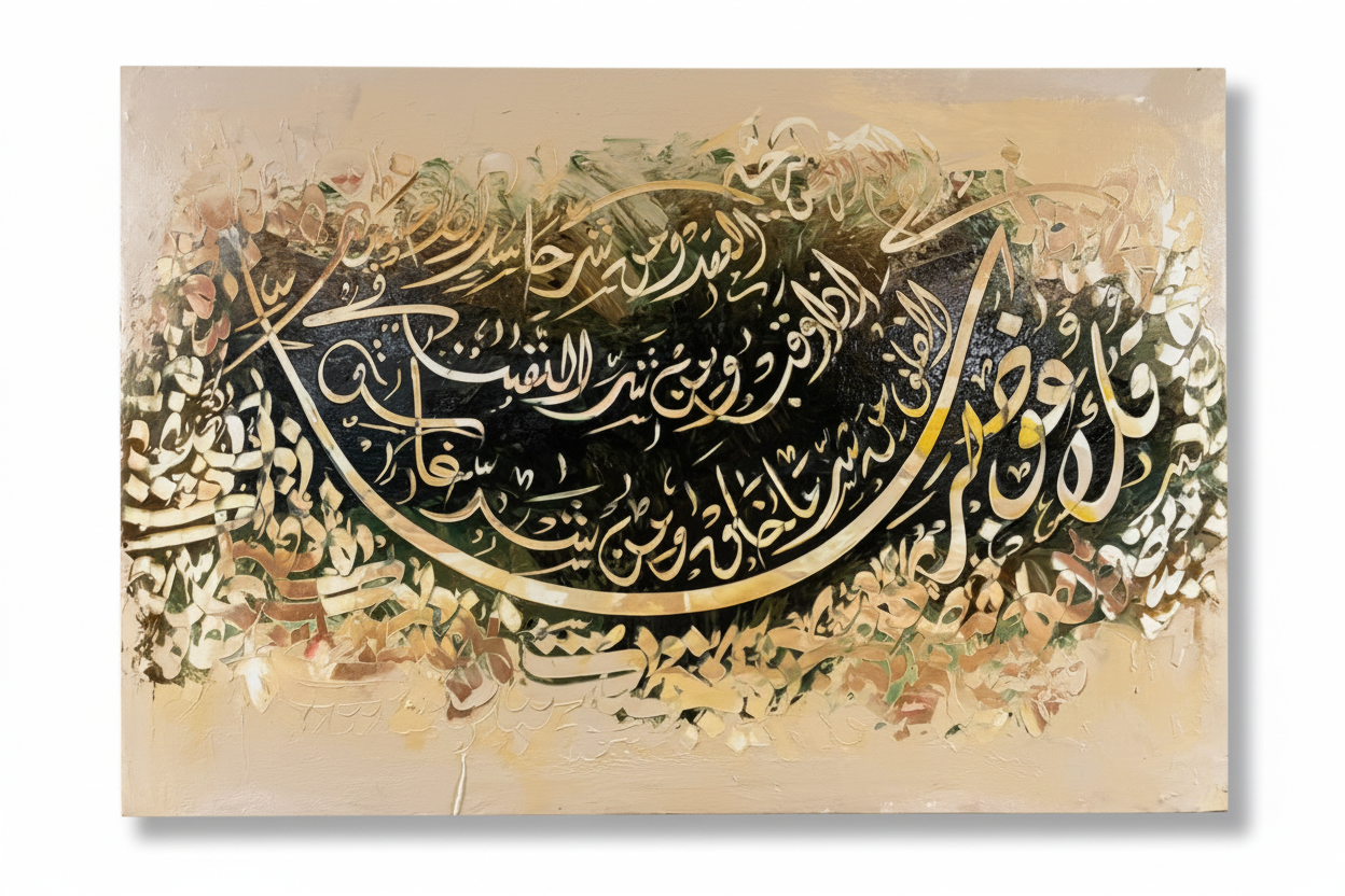 Surah Al-Falaq gold ivory calligraphy canvas art on white background with shadow, no frame, product shot