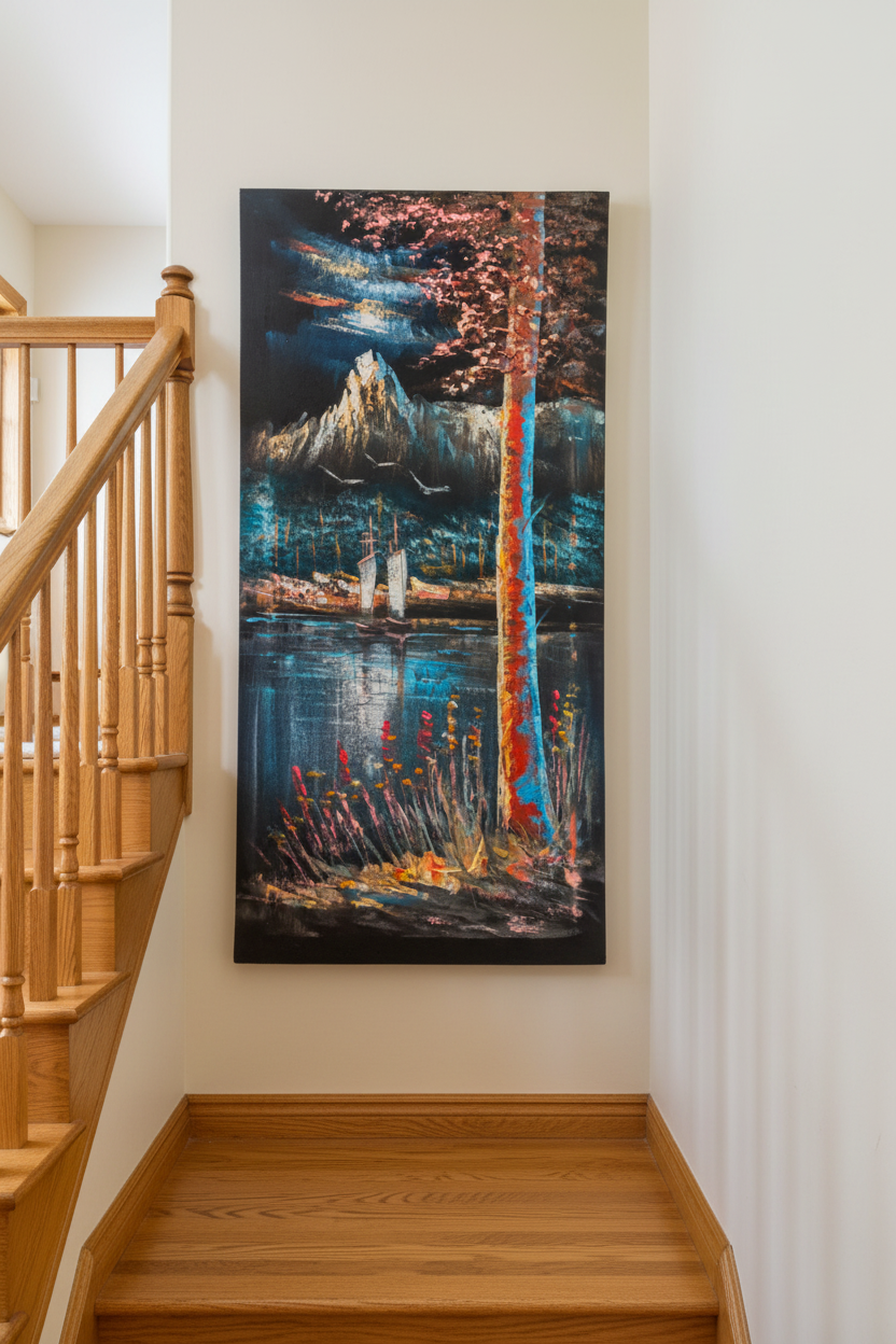 Mountain Lake painting displayed in elegant staircase interior setting