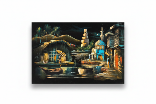 Ancient Iraqi riverside city canvas art on white background with shadow — clean product view