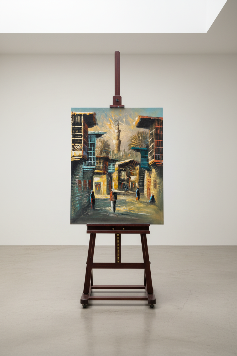 Original Middle Eastern oil painting displayed on a wooden easel art stand — frameless gallery presentation