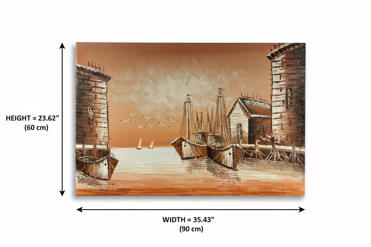 Dimension diagram of harbor dock oil painting showing width 35.43 inches 90 cm and height 23.62 inches 60 cm on white background
