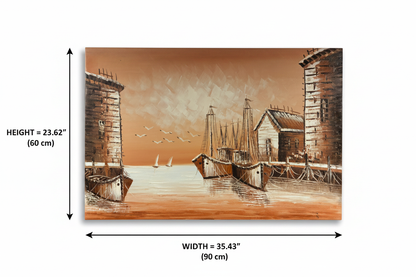 Dimension diagram of harbor dock oil painting showing width 35.43 inches 90 cm and height 23.62 inches 60 cm on white background