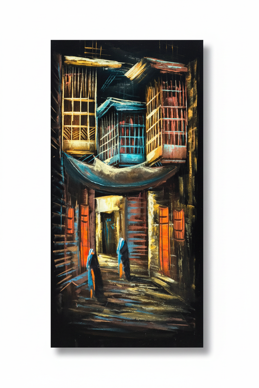 Original oil painting on white background with shadow – crescent arch alley nocturnal Middle Eastern scene