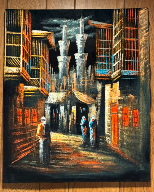 Middle Eastern Old City Alleyway Night Scene – Original Canvas Wall Art 20×24 in