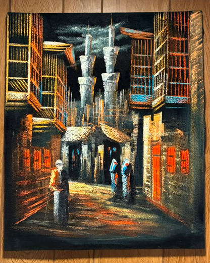Middle Eastern Old City Alleyway Night Scene – Original Canvas Wall Art 20×24 in