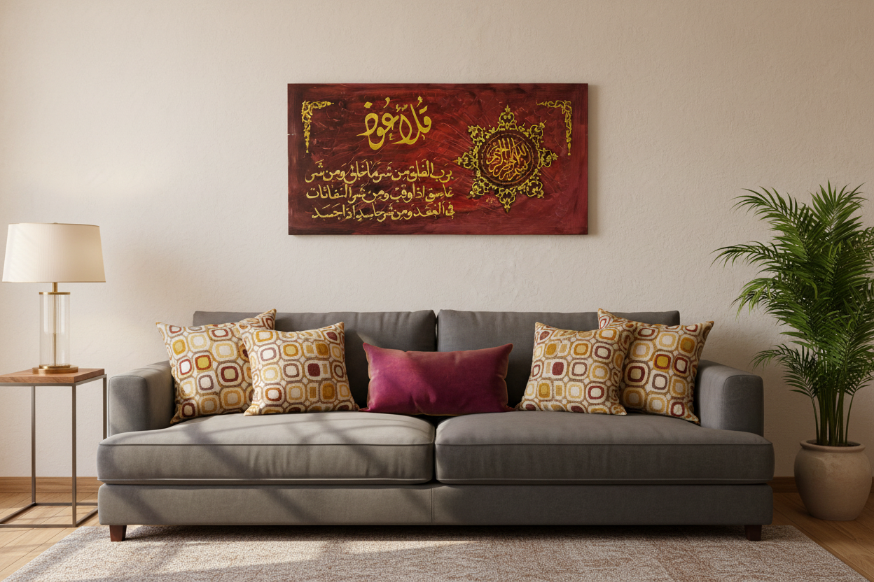 Surah Al-Falaq Islamic calligraphy canvas displayed in a modern living room above sofa