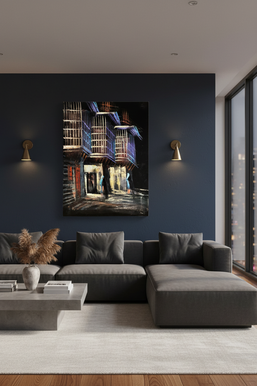 Ancient Alleyway at Night oil painting on deep navy blue wall in modern luxury living room — premium interior art display