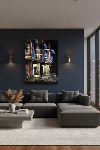 Ancient Alleyway at Night oil painting on deep navy blue wall in modern luxury living room — premium interior art display