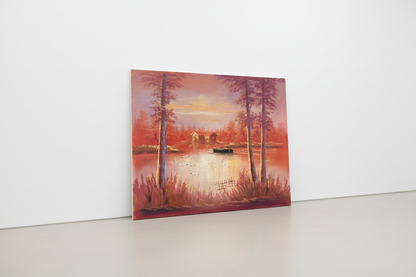 Original crimson autumn lake oil painting leaning against a white gallery wall — frameless canvas display