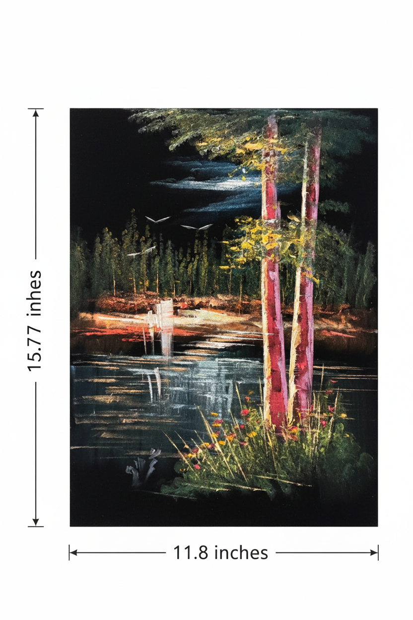 Birch Trees by the Lake at Night oil painting flat lay with dimensions — 11.8 inches wide by 15.7 inches tall, 30x40cm portrait canvas