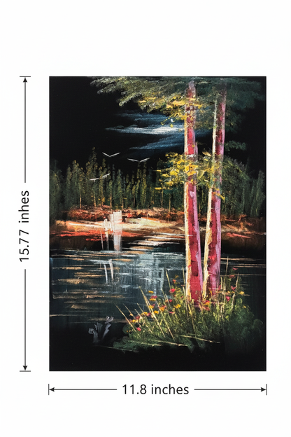 Birch Trees by the Lake at Night oil painting flat lay with dimensions — 11.8 inches wide by 15.7 inches tall, 30x40cm portrait canvas