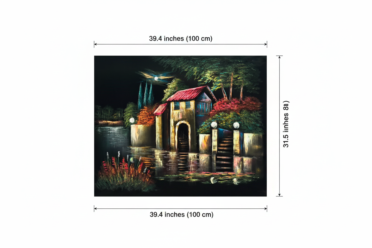 Dimension diagram for Moonlit Waterside Cottage oil painting — 39.4 inches wide by 31.5 inches tall (100cm x 80cm)