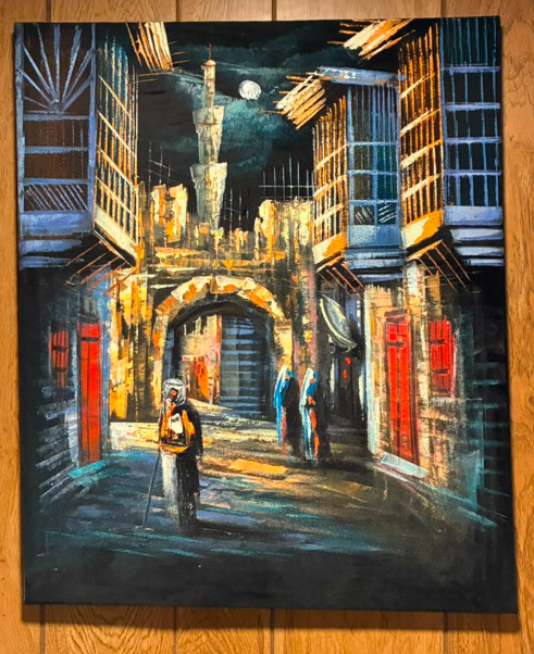 Middle Eastern Old City Bazaar Archway Night Scene – Original Canvas Wall Art 20×24 in