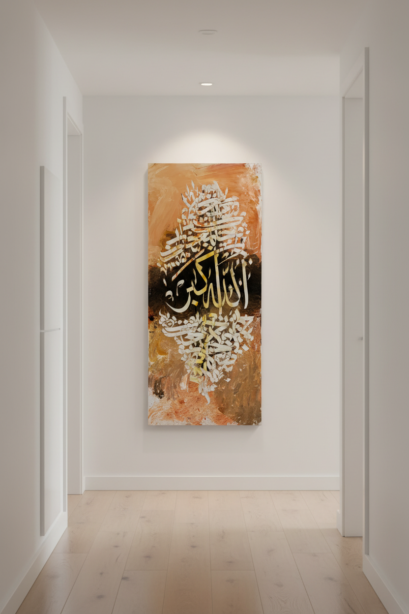Allahu Akbar Islamic calligraphy canvas wall art hung in a modern hallway, no frame, vertical format