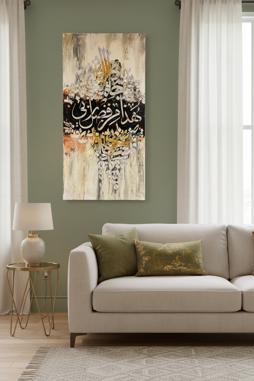 Hatha Min Fadli Rabbi Islamic calligraphy canvas art in a cozy sitting area – lifestyle mockup, no frame