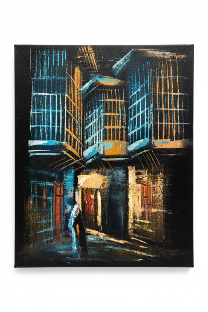 Rainy Night Alleyway oil painting isolated on pure white background — clean studio product shot, no frame, portrait canvas