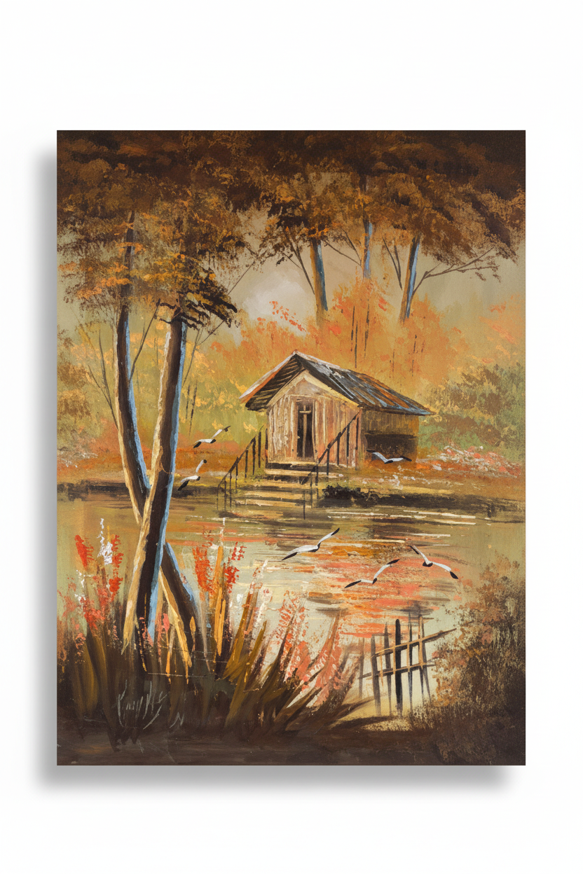 Original autumn lakeside cabin oil painting isolated on white background with soft drop shadow, no frame
