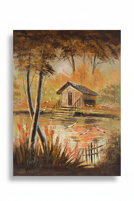 Original autumn lakeside cabin oil painting isolated on white background with soft drop shadow, no frame