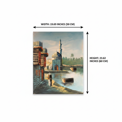 Dimension diagram showing 19.69 inches wide by 23.62 inches tall (50cm × 60cm) for riverside mosque oil painting