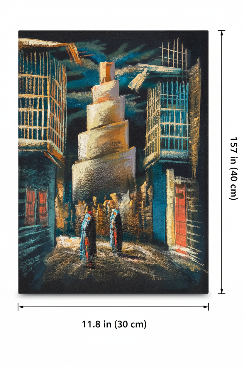 Arabian minaret alley night canvas art with dimensions 11.8 inches wide x 15.7 inches tall 30cm x 40cm