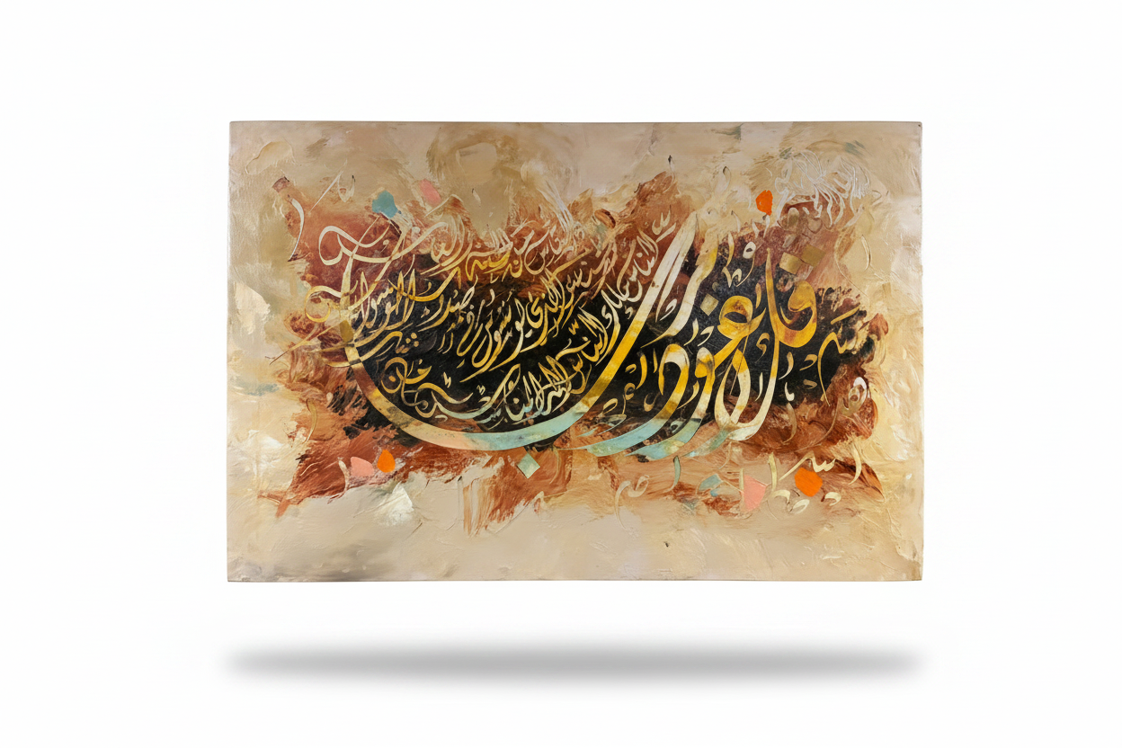 Islamic calligraphy gold teal amber canvas art on white background with shadow, no frame, product shot