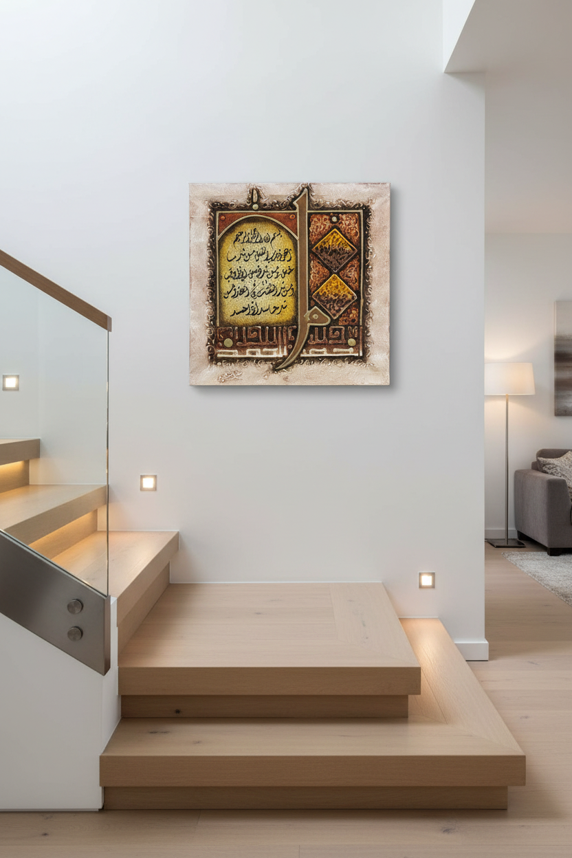 Surah Al-Falaq Alif-Lam canvas on staircase wall – 35cm x 35cm square
